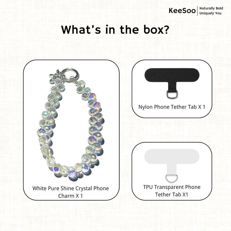 KEESOO Store White Pure Shine Crystal Original Design Phone Charm with 2 Tether Tabs – Stylish, Durable, and Hands-Free Phone Chain – Compatible with iPhone, Samsung, Pixel & More - Image 4